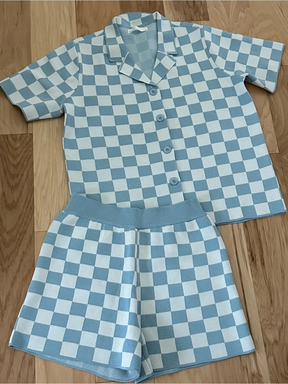 OAK + FORT Blue and White Checker Knit Lounge Set